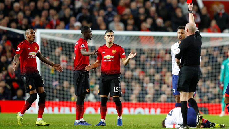 Eric Bailly was shown a red card late on. Photo: Phil Noble/Reuters