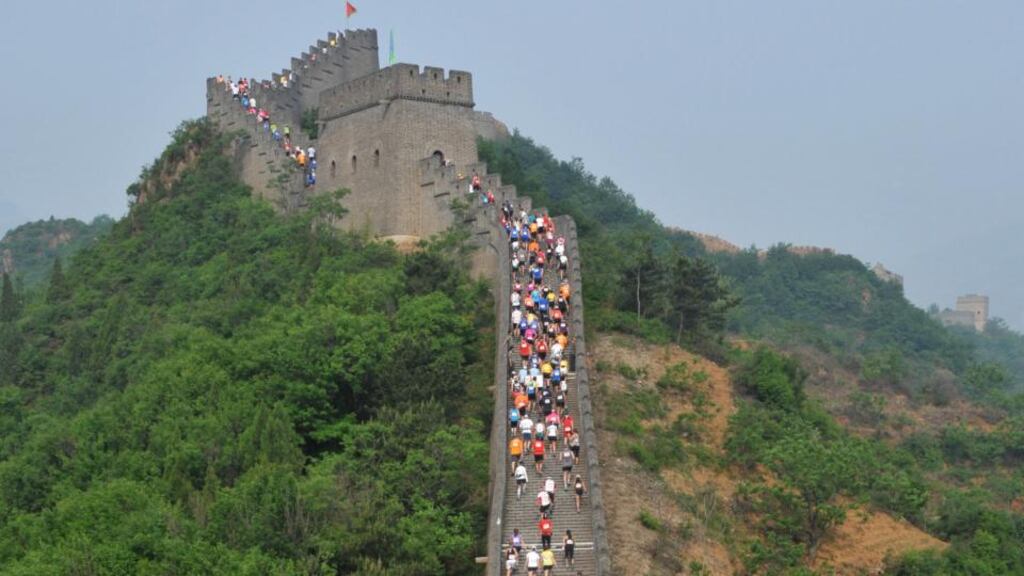 Hitting the Wall yet? Runners compete in the Great Wall marathon at Huangyaguan (Yellow Cliff Pass) Great Wall of China in Tianjin. The race is regarded as one of the most challenging marathons in the world. Photograph: STR/AFP/Getty Images