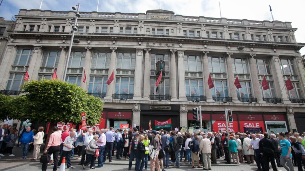 Clerys staff and supporters during a protest outside Clerys on O’Connell Street, Dublin last week. Photograph: Gareth Chaney/ Collins