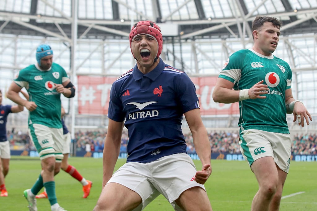 France's Louis Bielle-Biarrey celebrates scoring the opening try of the Six Nations game against Ireland on Saturday. Photograph: Paul Faith/AFP via Getty Images