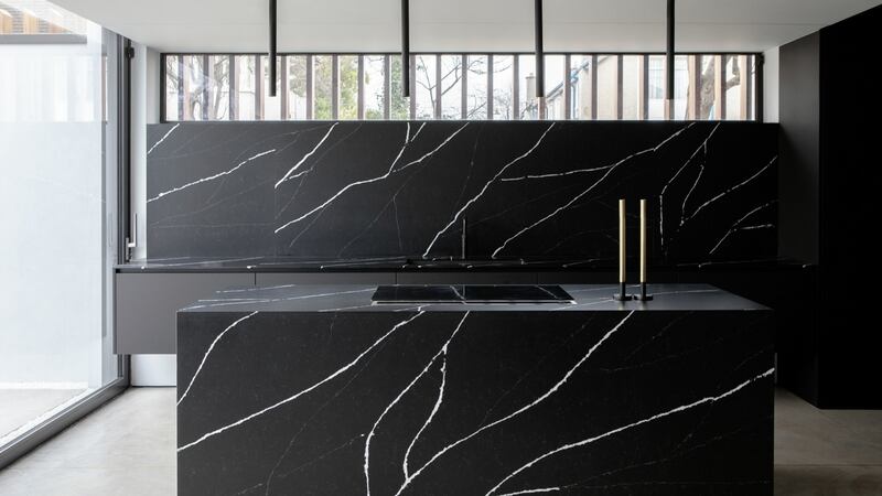 The workspace is clad in manquina marble, a manmade Silestone from Constantina, a manufactured product that makes it look like a monolith. Photograph: Ruth Maria Murphy