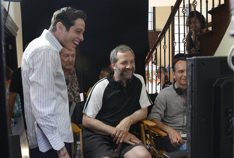 Apatow with Pete Davidson on the set of The King of Staten Island