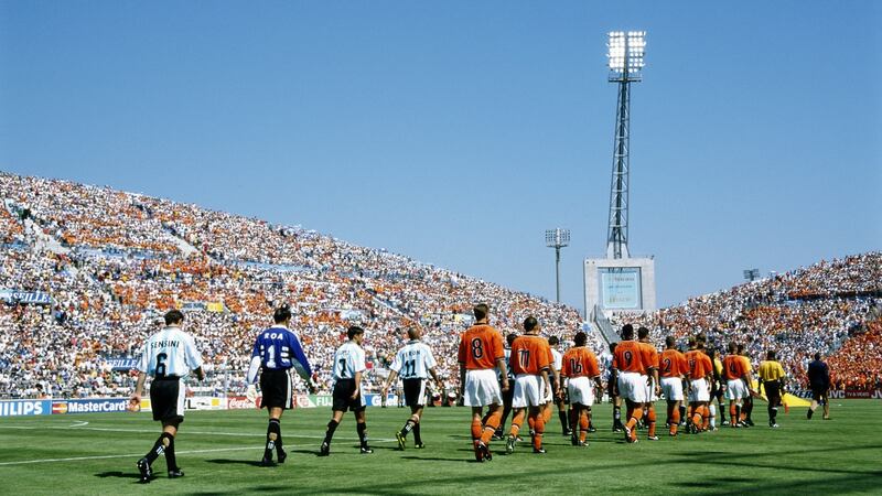 Argentina and Holland walk out at the Stade Velodrome. Photograph: Doug Pensinger/Getty