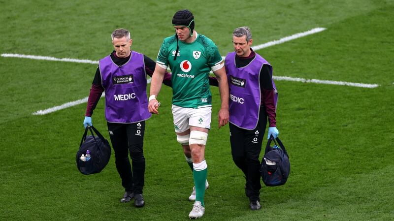 James Ryan leaves the field with an injury in the game against England. Photograph: James Crombie/Inpho