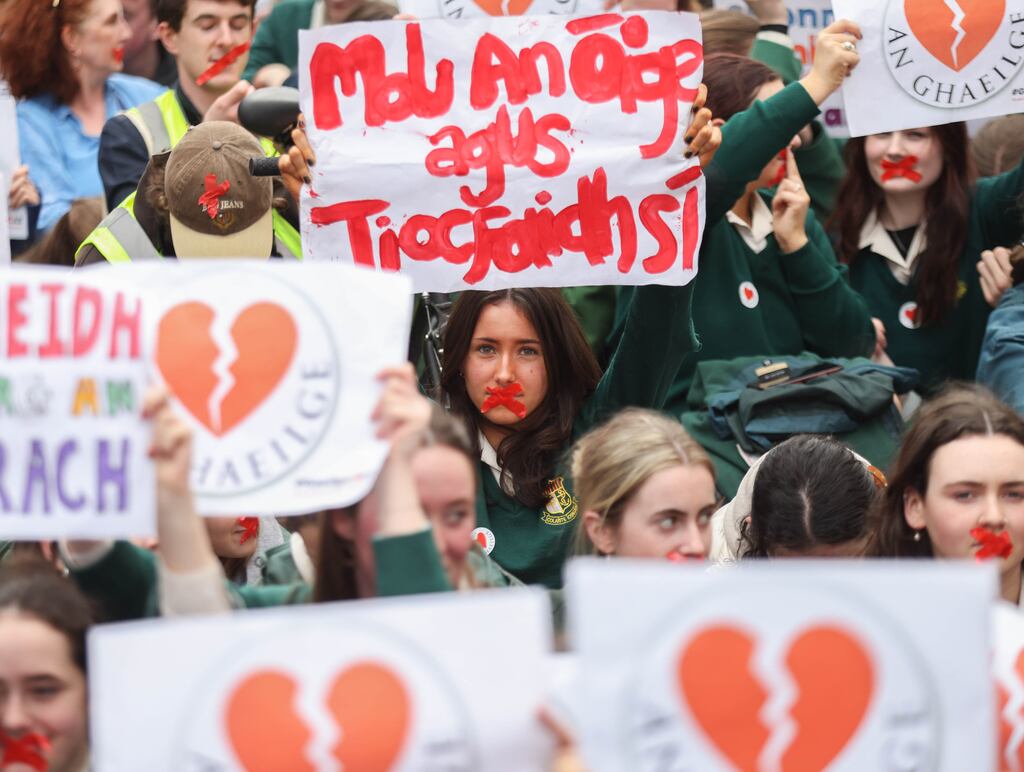 Students attending the #Gaeilge4All Demonstration rally outside Leinster House on Wednesday called on Minister Norma Foley, the Government and the Department of Education to introduce a policy on Irish in the education system. Photograph: Leon Farrell / Photocall Ireland