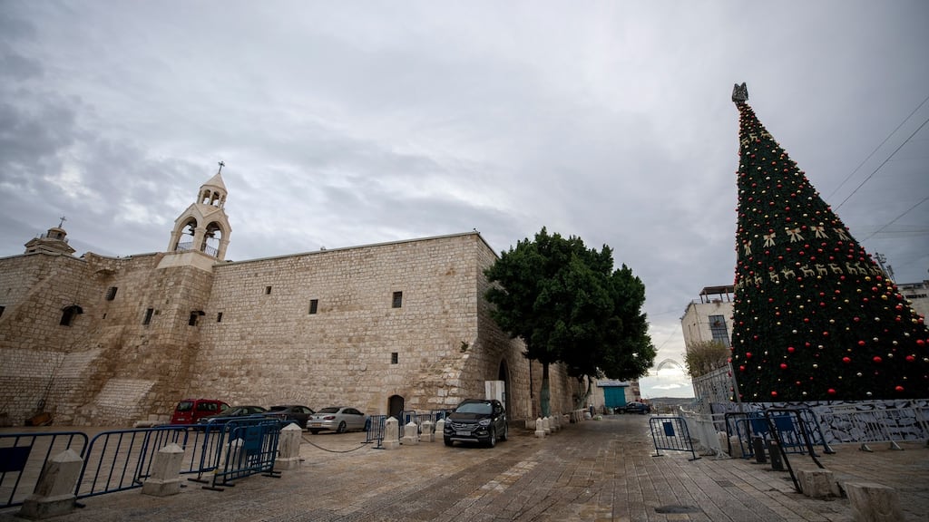 Christmas tree at Manger Square beside the Church of Nativity in Bethlehem, a city under total lockdown. Photograph: Atef Safadi