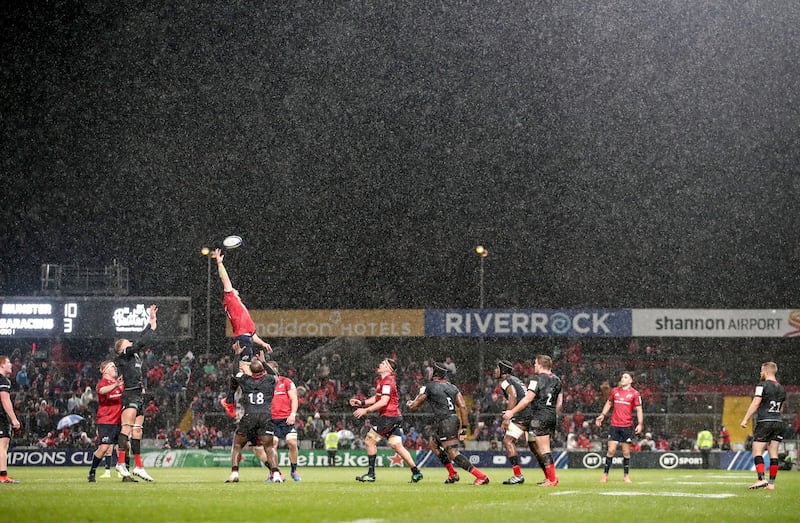Munster’s Peter O’Mahony goes up for lineout against Saracens. ‘That weather, it makes the 10 yards that you have to work with feel very small.’ Photograph: Dan Sheridan/Inpho