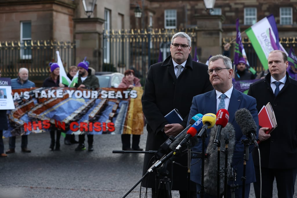 DUP deputy leader Gavin Robinson, DUP leader Jeffrey Donaldson and Gordon Lyons outside Hillsborough Castle on Monday December 11th. Photograph: Liam McBurney/PA Wire