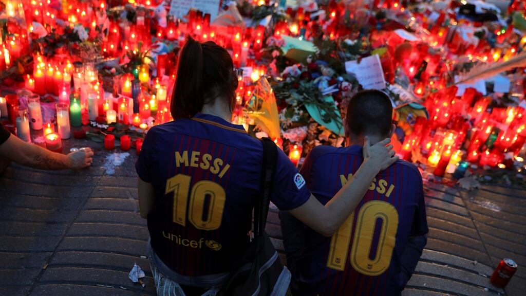 People gather at an impromptu memorial where a van crashed into pedestrians at Las Ramblas in Barcelona, Spain, August 20, 2017. Photograph: REUTERS/Susana Vera