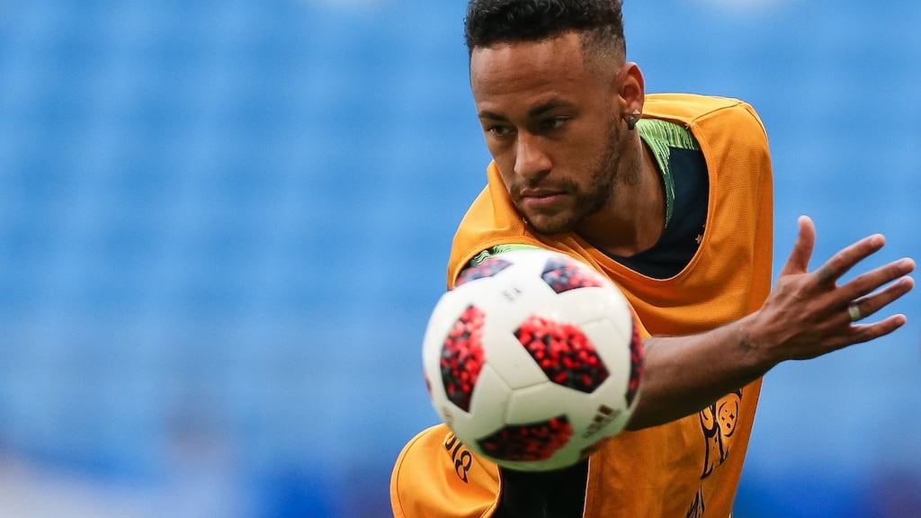 Neymar during a Brazil training session ahead of the Round 16 match against Mexico. Photograph: Buda Mendes/Getty Images