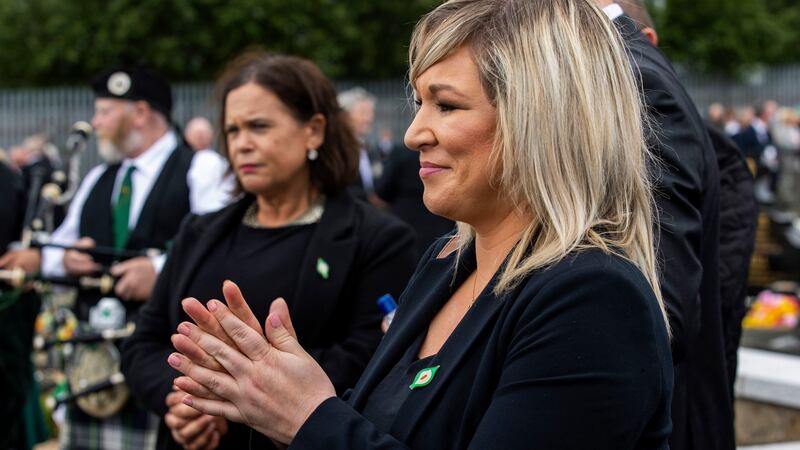 Sinn Féin leader Mary Lou McDonald (left) and Deputy First Minister Michelle O’Neill during the funeral of former leading IRA figure Bobby Storey at the Republican plot at Milltown Cemetery in west Belfast. Photograph: Liam McBurney/PA Wire.