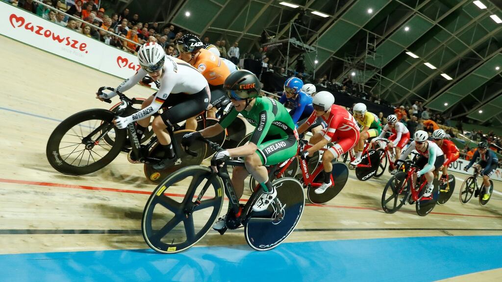 Ireland’s Lydia Gurley and Germany’s Franziska Brausse in action during the world track championships in Purszkow, Poland. Photograph: Kacper Pembel/Reuters
