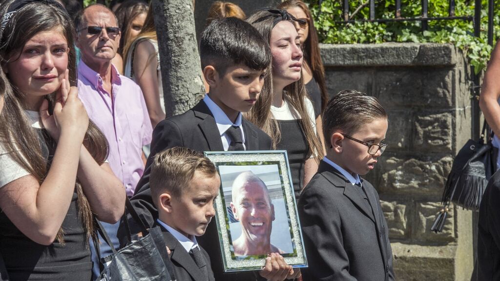 Mourners attend the funeral of Gareth Hutch, who was shot at Avondale House flat complex on Dublin’s North Cumberland Street, in May 2016. Photograph: Brenda Fitzsimons/THE IRISH TIMES