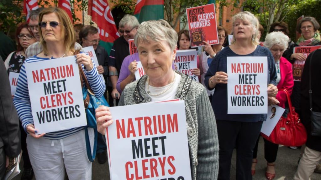 Lily Kelly, who would have worked for Clerys for 45 years this day fortnight and was due to retire, with other former staff protesting outside the offices of new owners Natrium on Harcourt Terrace on Friday. Photograph: Fergal Phillips