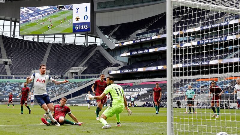 Pierre-Emile Hojbjerg scores Tottenham’s second in their 2-0 win over Wolves. Photograph: Adrian Dennis/Getty/AFP