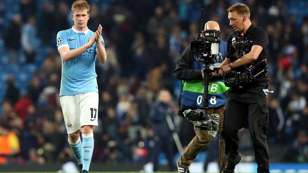 Manchester City’s Kevin De Bruyne reacts after beating Sevilla at the Etihad Stadium. Photograph: EPA