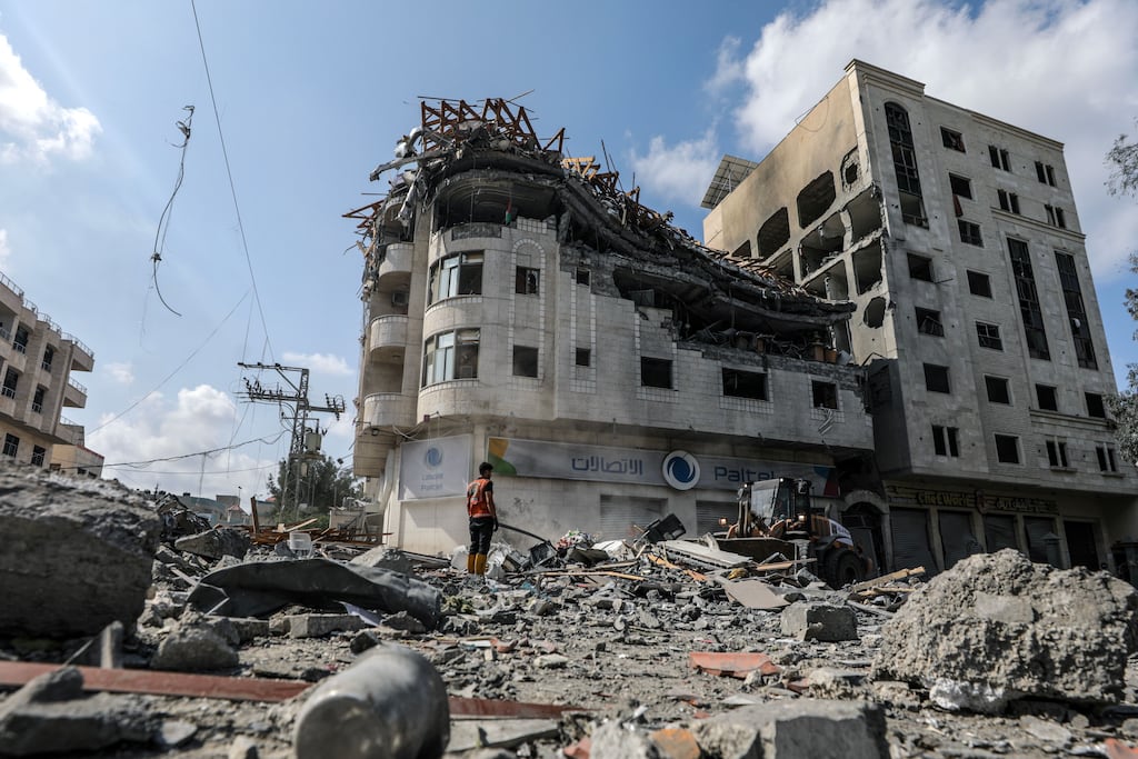The destroyed Palestine Telecommunications Company (Paltel) building following Israeli air strikes in Gaza City. Photograph: Mohammed Saber/EPA