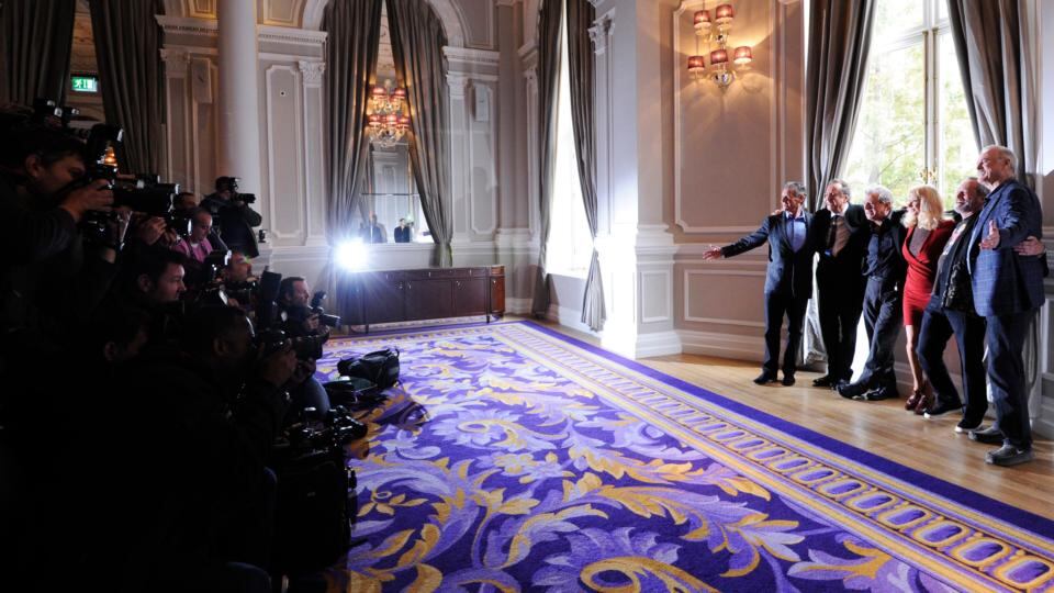 Members of Monty Python (R-L) John Cleese, Terry Gilliam, Terry Jones, Eric Idle and Michael Palin pose with compatriot actress Carol Cleveland (C), who starred in Monty Python’s show Flying Circus. Photograph: Facundo Arrizabalaga/EPA
