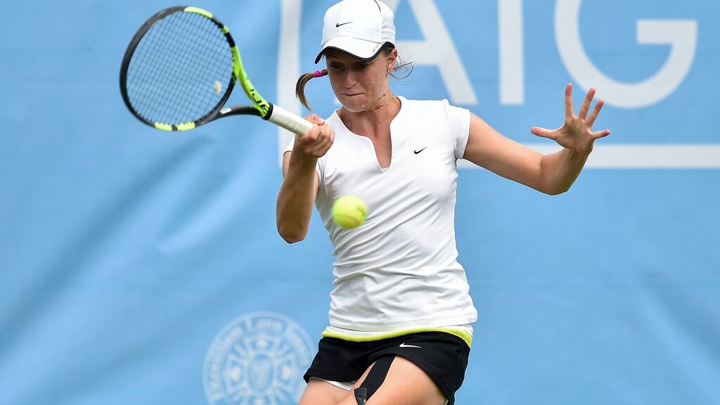 Sinead Lohan during her match against Jodie Burrage in the women’s singles final at the AIG Irish Open Tennis Championships at Fitzwilliam Lawn Tennis Club, Ranelagh. Photograph: Matt Browne/Sportsfile