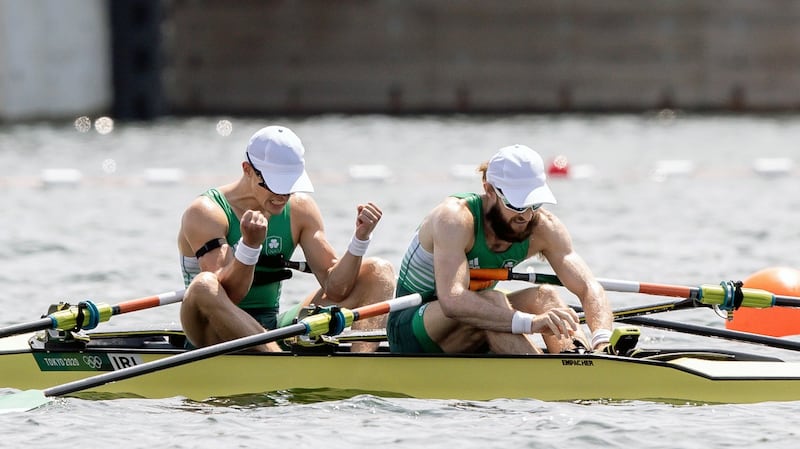 Fintan McCarthy and Paul O’Donovan celebrate after winning gold in Tokyo. Photograph: Morgan Treacy/Inpho
