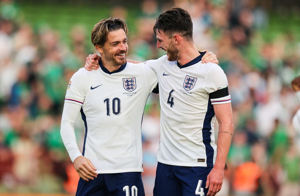 England's Jack Grealish and Declan Rice after the game. Photograph: Ryan Byrne/Inpho
