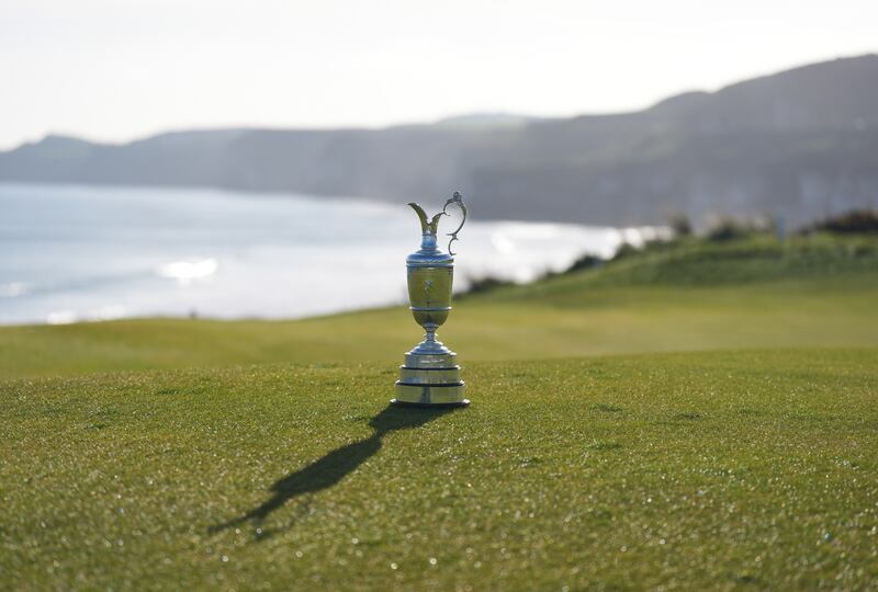 A view of the Claret Jug the 5th green during the media day at Royal Portrush Golf Club. Photograph: Niall Carson/PA