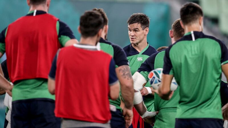 Johnny Sexton talks to the Ireland squad during Wednesday’s Captain’s Run at the Kobe Misaki Stadium in Japan. Photograph: Dan Sheridan/Inpho