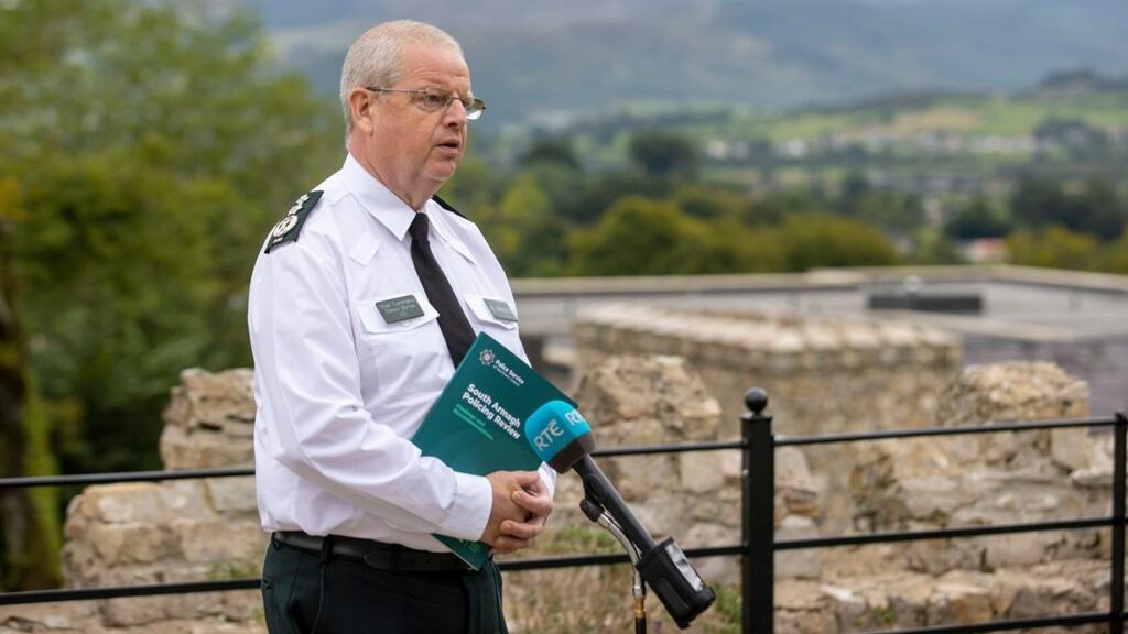 PSNI chief constable Simon Byrne in Newry on Tuesday after briefing members of the south Armagh community on the details of the report on policing in the area. Photograph: Liam McBurney/PA Wire