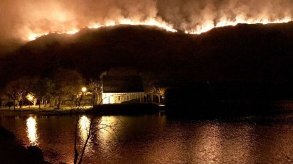 A gorse fire in Gougane Barra valley, Co Cork, which has burned since Saturday evening, covering some 4km at its peak. File photograph: Neil Lucey/PA Wire