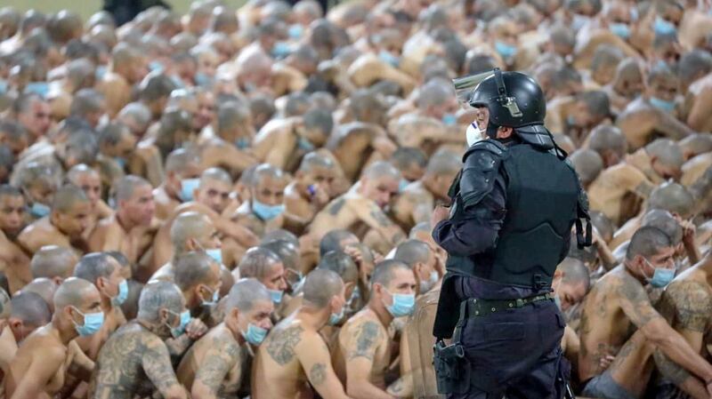 Gang members gathered together at Izalco jail. Photograph: El Salvador Presidency via Reuters