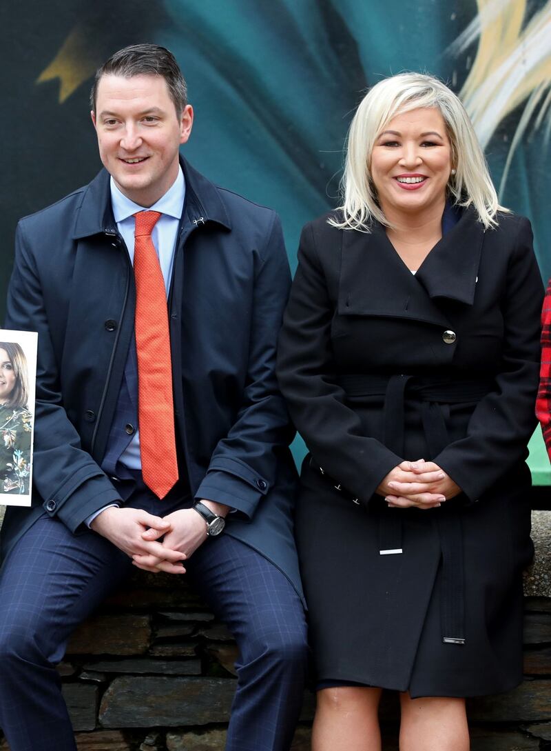 Sinn Féin candidate in North Belfast John Finucane with party leader in Northern Ireland Michelle O’Neill at the ardfheis last weekend. Photograph: Getty
