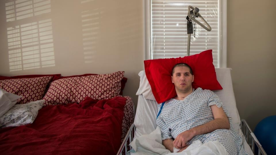 Former heavyweight boxer Magomed Abdusalamov in his family’s rented home in Greenwich, Connecticut . The 34-year-old suffered cranial bleeding, a stroke and partial paralysis after a 2013 undercard boxing match at Madison Square Garden. Photo: Angel Franco/The New York Times