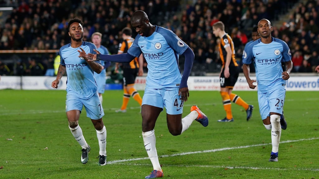 Manchester City’s Yaya Toure celebrates scoring his team’s first goal. Photograph: Reuters