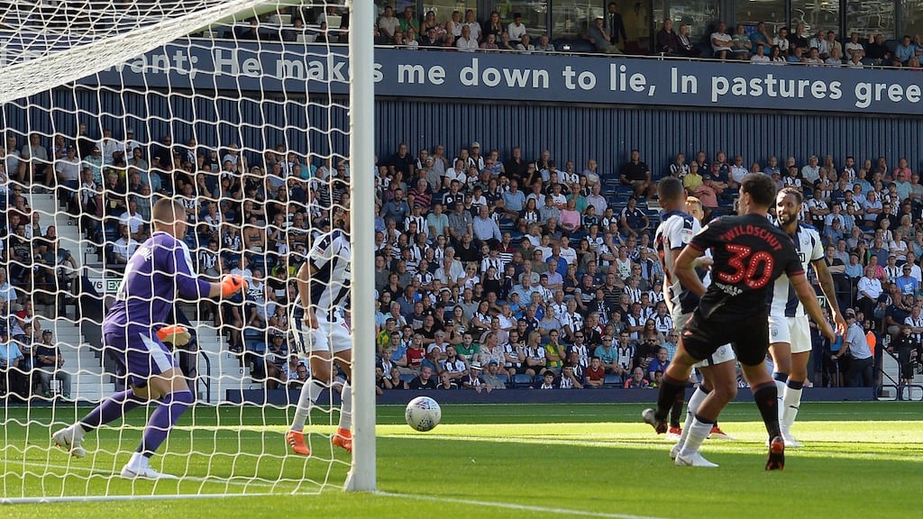 Yanic Wildschut scores Bolton Wanderers’ winner against West Bromwich Albion. Photograph: Dave Howarth/PA