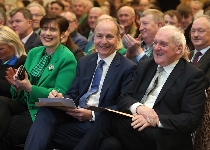 From left, Norma Foley, Minister for Education, Micheál Martin and Bertie Ahern at UCD at a Fianna Fáil event to commemorate the Belfast Agreement's 25th anniversary. While Ahern says the relationship between Martin and himself is 'good' now, he makes no attempt to conceal its past iciness. Photograph: PA