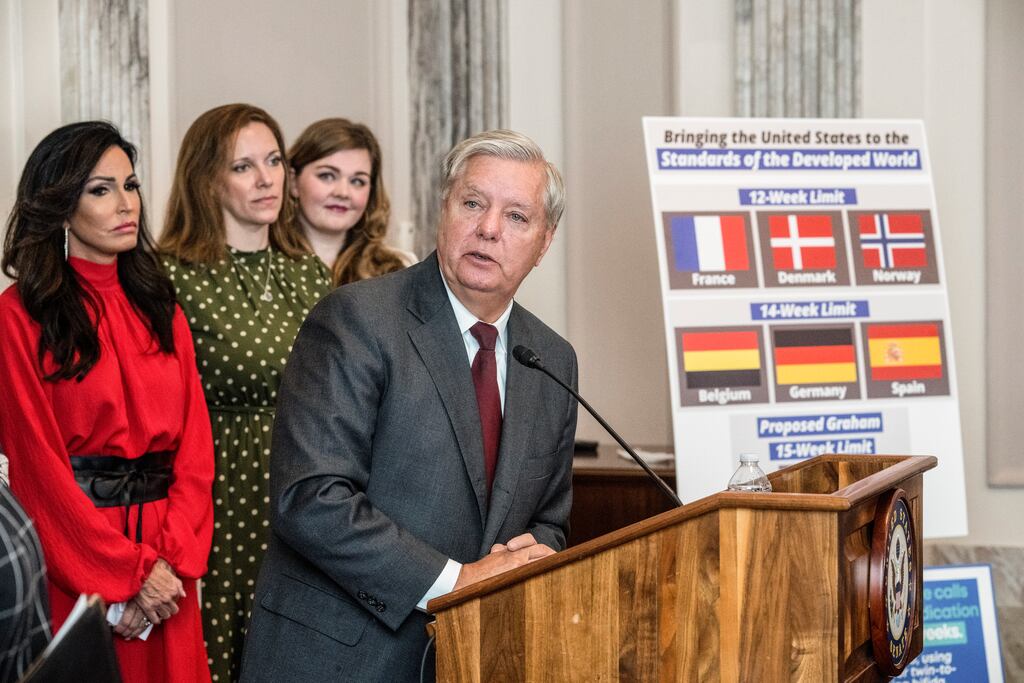 Republican senator Lindsey Graham holds a press conference to propose a 15-week abortion ban with representatives from anti-abortion organisations on Capitol Hill in Washington.  Photograph: Haiyun Jiang/The New York Times