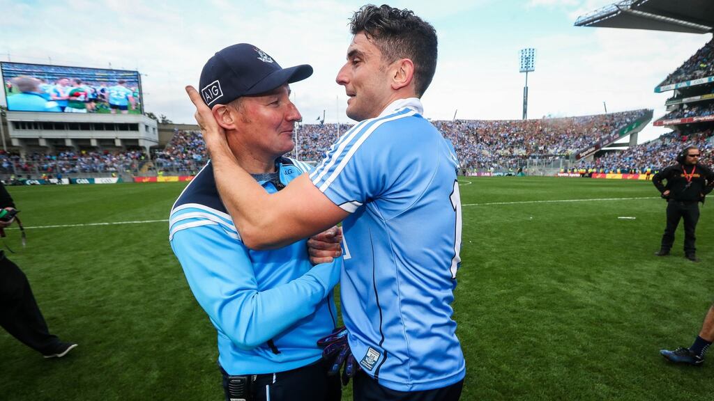 Dublin manager Jim Gavin and Bernard Brogan celebrate after the game. Photograph: Ryan Byrne/Inpho