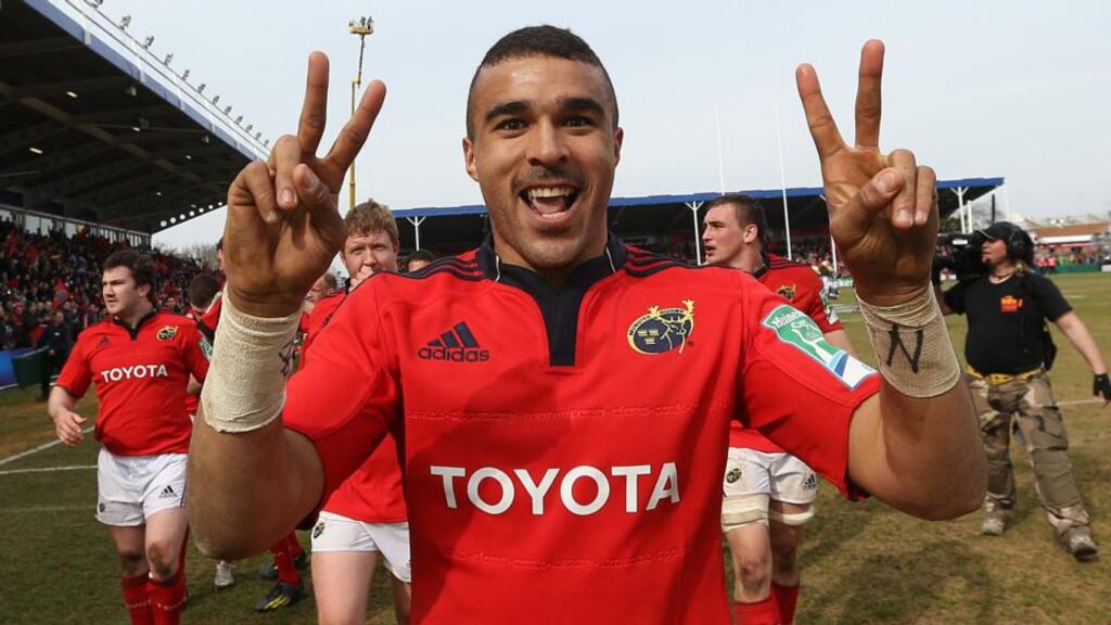 Munster winger Simon Zebo is nominated for Irupa player of the year and try of the year. Photograph: Inpho
