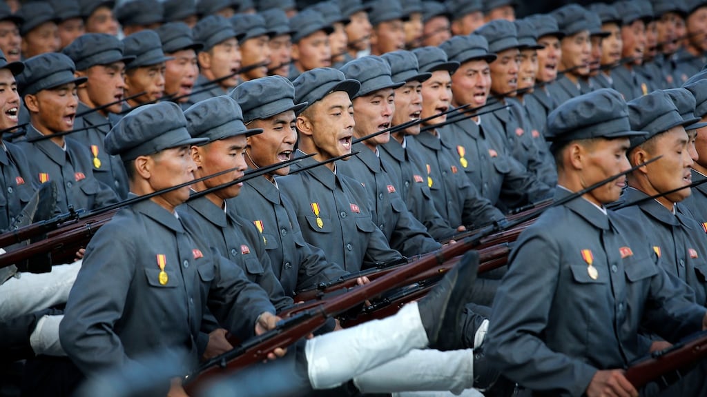 North Korean soldiers in historic uniforms march during the parade marking the 70th anniversary of its ruling Workers’ Party. Photograph: Wong Maye-E/AP