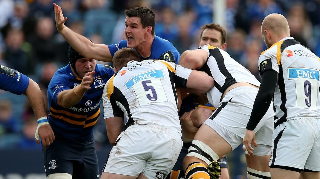Leinster’s Jonathan Sexton appeals to the referee during the European Champions Cup defeat to Wasps at the RDS. Photograph: Brian Lawless/PA