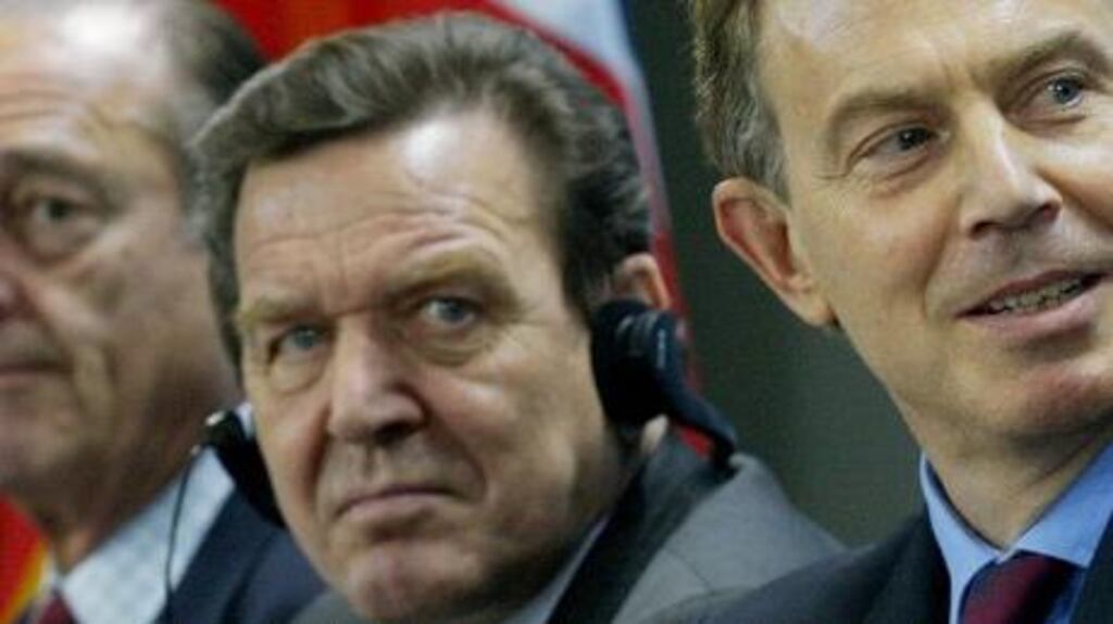 German Chancellor Mr Gerhard Schroder (centre), French President Jacques Chirac and the British Prime Minister, Mr Tony Blair, in Berlin yesterday. They discussed ways of improving competitiveness in Europe, with an agenda covering labour markets, social policy and innovation. Photograph: Reuters