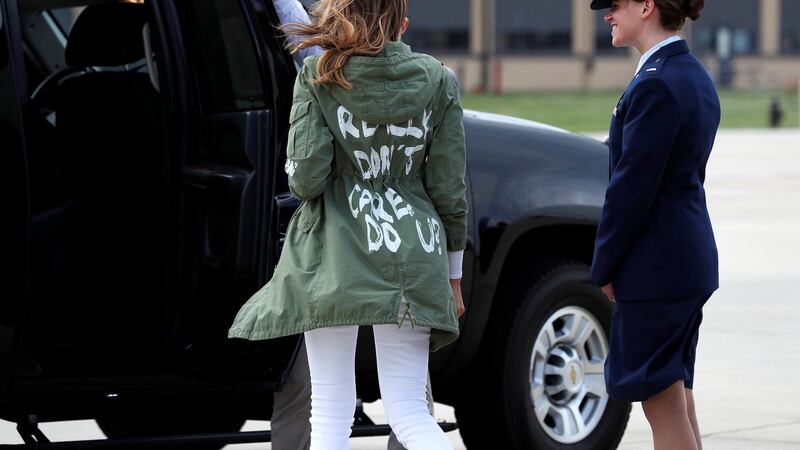 US first lady Melania Trump walks from her plane to her motorcade wearing a Zara design jacket with the phrase “I Really Don’t Care. Do U?” on the back as she returns to Washington from a visit to the US-Mexico border area in Texas. Photograph: Kevin Lamarque/Reuters