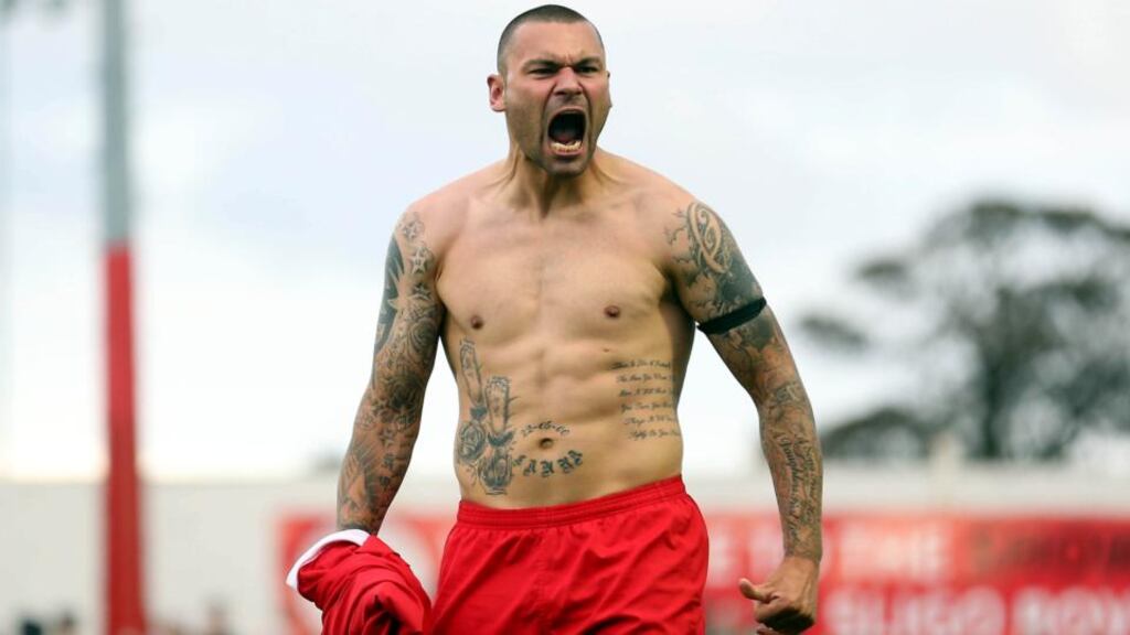 Sligo’s Anthony Elding celebrates scoring his side’s third goal of the FAI Ford Cup semi-final against Shamrock Rovers at The Showgrounds. Photograph: Donall Farmer/Inpho