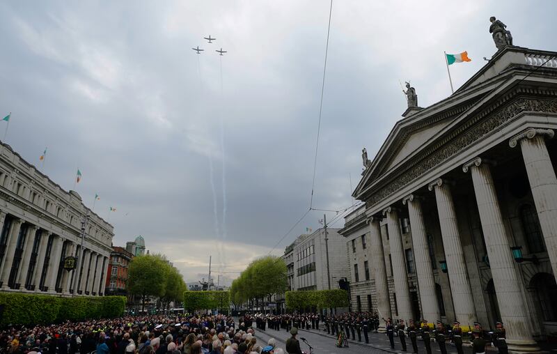 The Air Corps perform a fly-past during a ceremony to mark the anniversary of the 1916 Easter Rising at the GPO on O'Connell Street, Dublin, earlier this month. Photograph: Brian Lawless/PA Wire