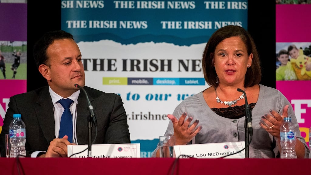 Taoiseach Leo Varadkar and Sinn Féin president Mary Lou McDonald during the West Belfast Féile an Phobail leaders’ debate. Photograph: Liam McBurney/PA Wire.