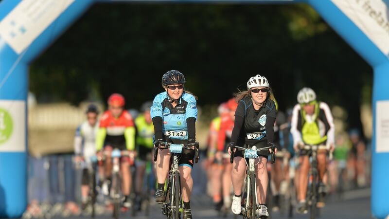 Cyclists past the start line in Dublin for the Great Dublin Bike Ride. Photograph: Sportsfile