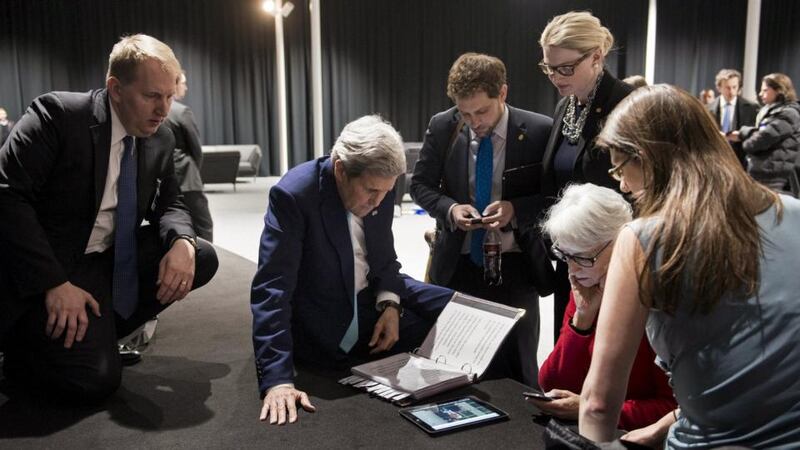 Secretary of State John Kerry, US Under Secretary for Political Affairs Wendy Sherman and staff watch a tablet in Lausanne as US President Barack Obama makes a state address on the status of the Iran nuclear program talks. A preliminary nuclear deal between Iran and six world powers is a firm basis for a future accord that could end a 12-year nuclear standoff between Tehran and the West. Photograph: Brendan Smialowski/Reuters