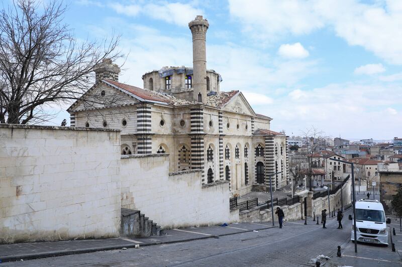 A view of the destroyed dome of the Kurtulus Mosque, the biggest Mosque in Gaziantep, Turkey, days after a major 7.8-magnitude earthquake struck. Photograph: Zein Al Rifai/AFP/Getty
