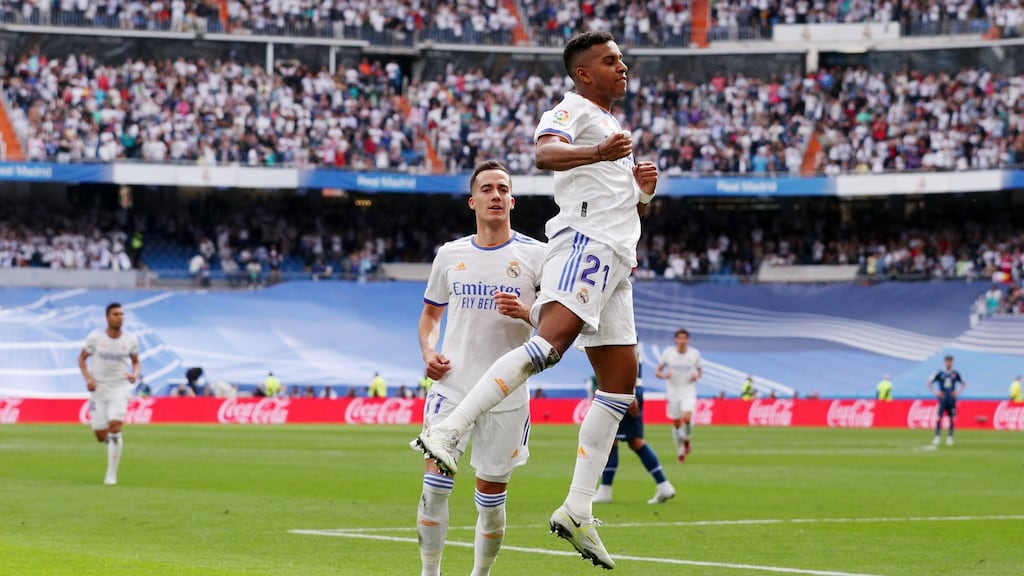 Rodrygo celebrates after scoring his second goal in Real Madrid’s La Liga game against Espanyol at Estadio Santiago Bernabeu. Photograph: Gonzalo Arroyo Moreno/Getty Images
