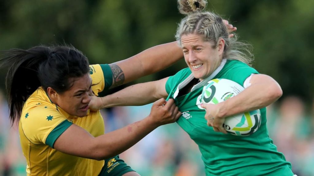 Kayla Sauvao of Australia and Ireland’s Alison Miller at UCD during  a Women’s Rugby World Cup match that ended Ireland 19, Australia 17. Photograph: Dan Sheridan/Inpho